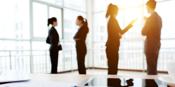 Women in discussion in office with glass exterior walls with the sun beaming