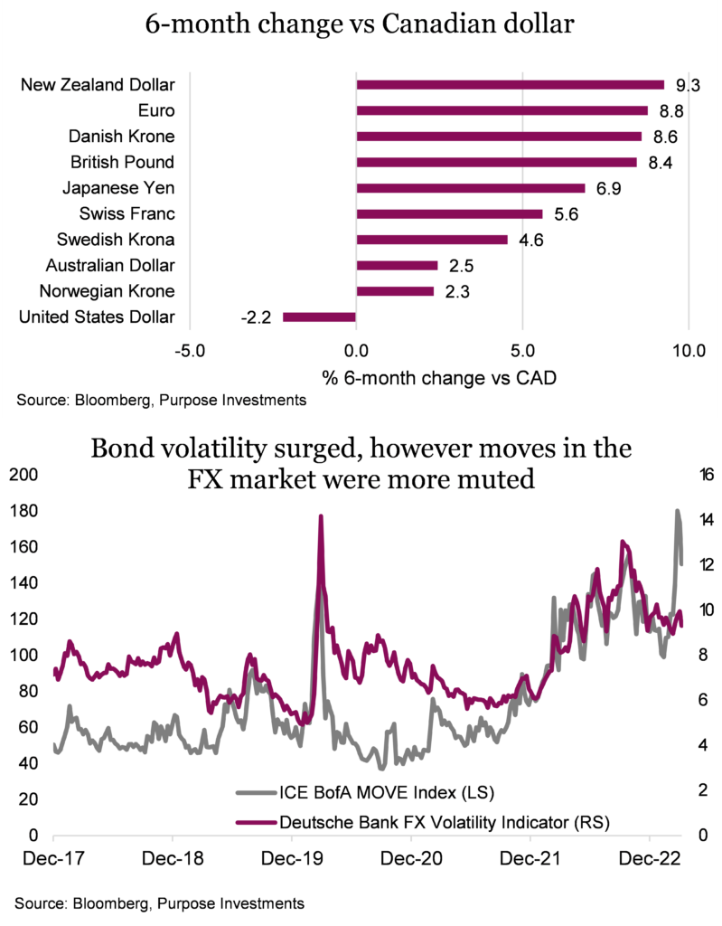 6-month change vs Canadian dollar, 

Bond volatility surged, however moves in the FX market were more muted