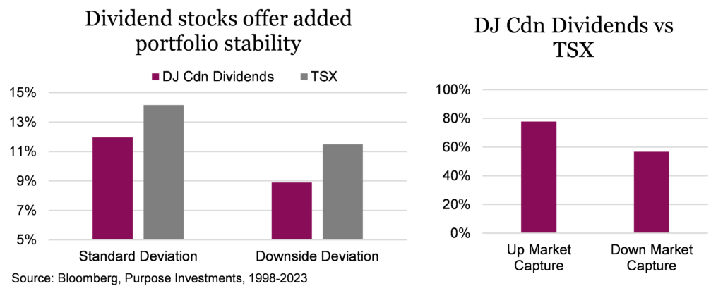 Dividend stocks offer added portfolio stability

DJ Cdn Dividends vs TSX