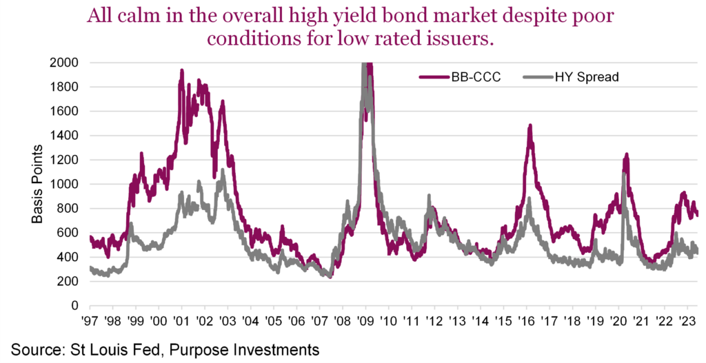 All calm in the overall high yield bond market despite poor conditions for low rated issuers.