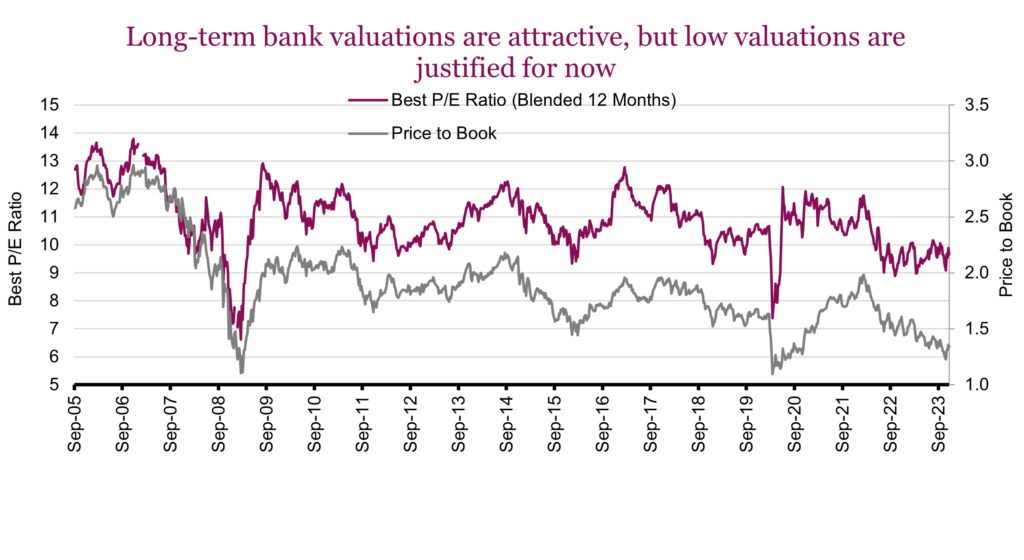 Long-term bank valuations are attractive, but low valuations are justified for now