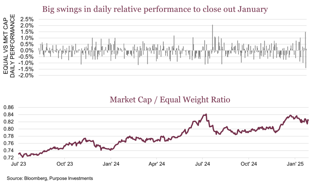 Big swings in daily relative performance close out in January

Market Cap / Equal Weight Ratio