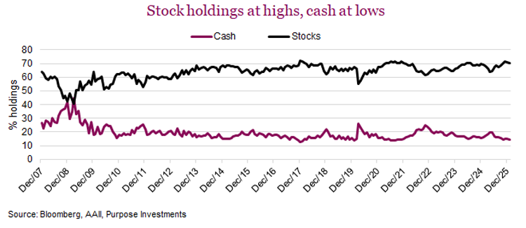 Stock holdings at highs, cash at lows