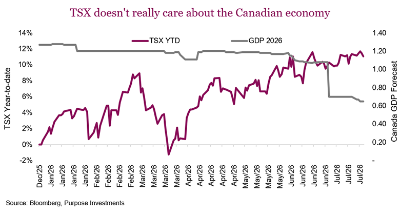 TSX doesn't really care about the Canadian economy. Even with the Canadian economy near stall speed, the TSX marches upward.